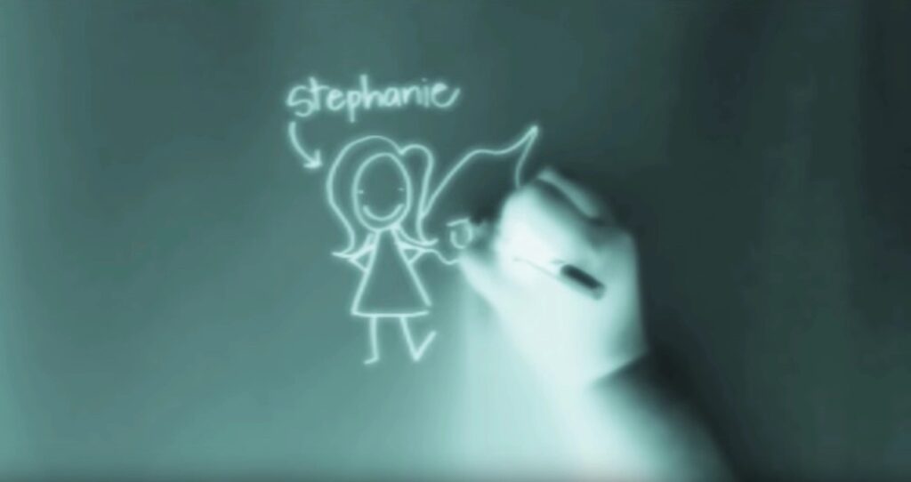 Image of a hand drawing a stick figure woman on a chalkboard with an arrow pointing to her labeled 